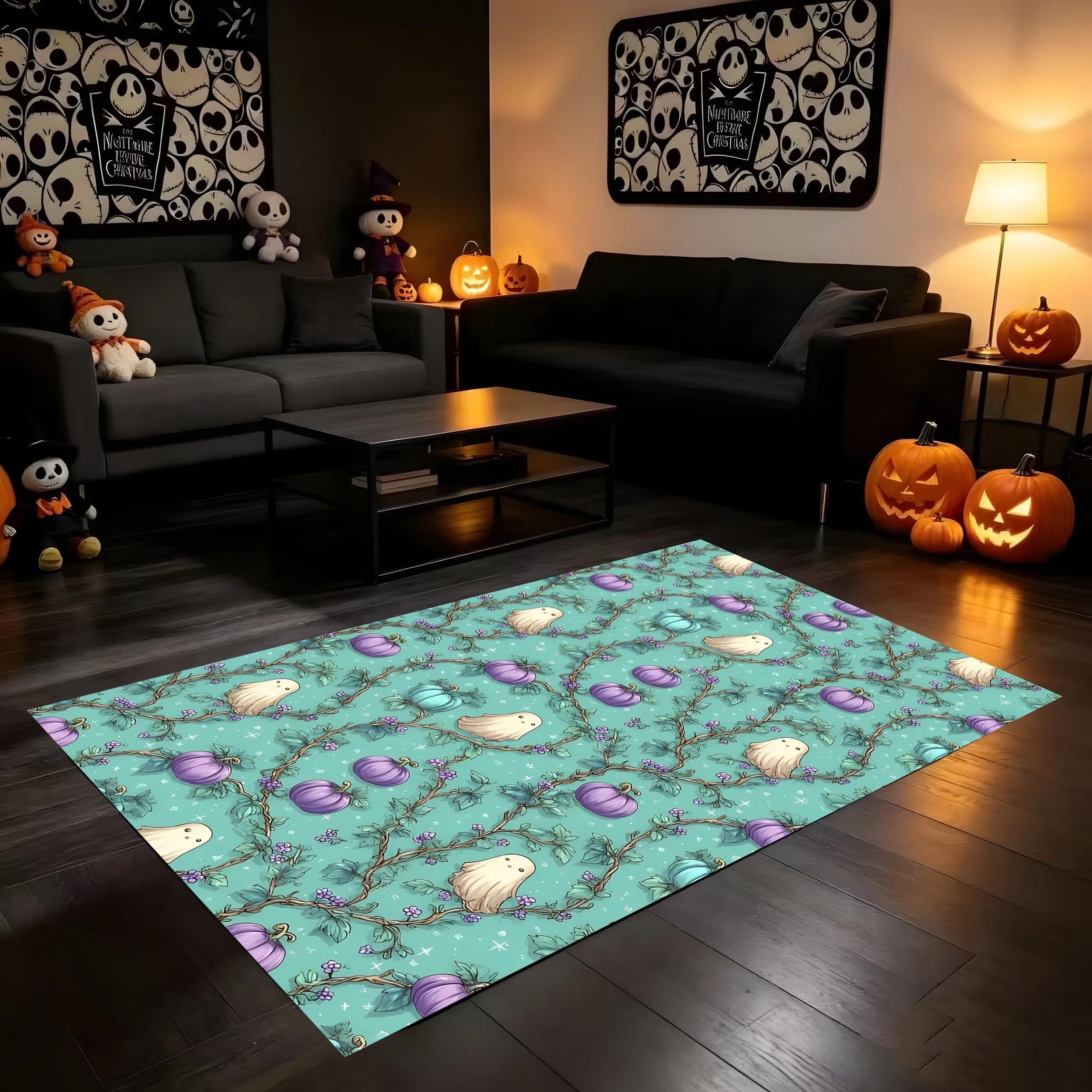 2D Large Area Rug with a Lake Green Background Featuring Cute Little Ghosts, Macaron |   Colored Pumpkins, a Floral Print With...