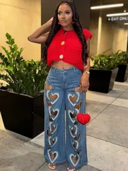 2025 Spring Autumn Hollow Out Jeans For Women High Waist Patchwork Zipper Casual Wide Leg Pants Female Fashion Clothing New