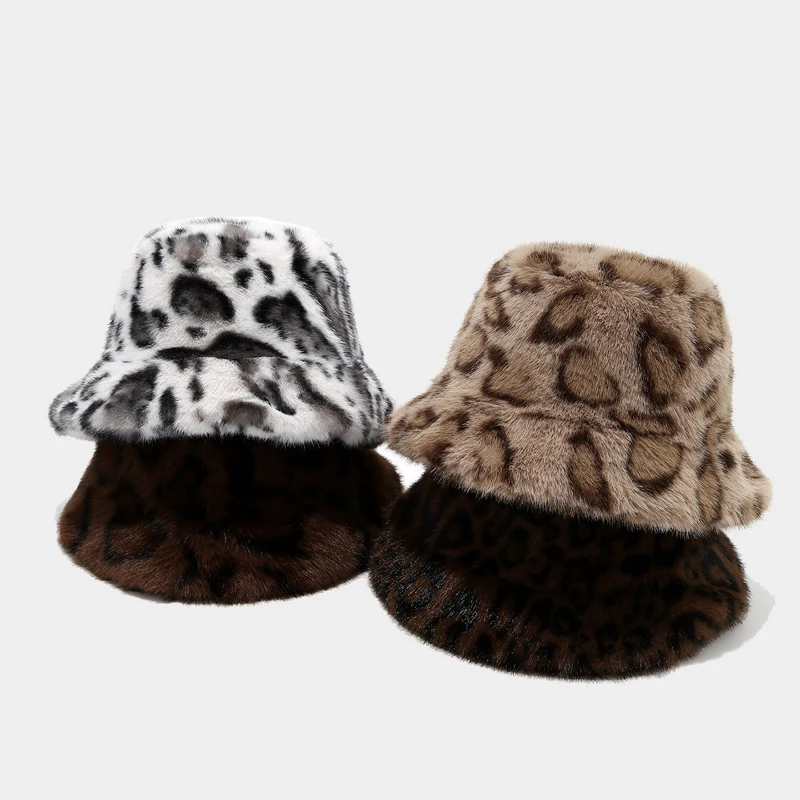 

Bucket Hat Leopard Print Fluffy Women Autumn Winter Brim Warm Cap Accessory For Young Lady Outdoors