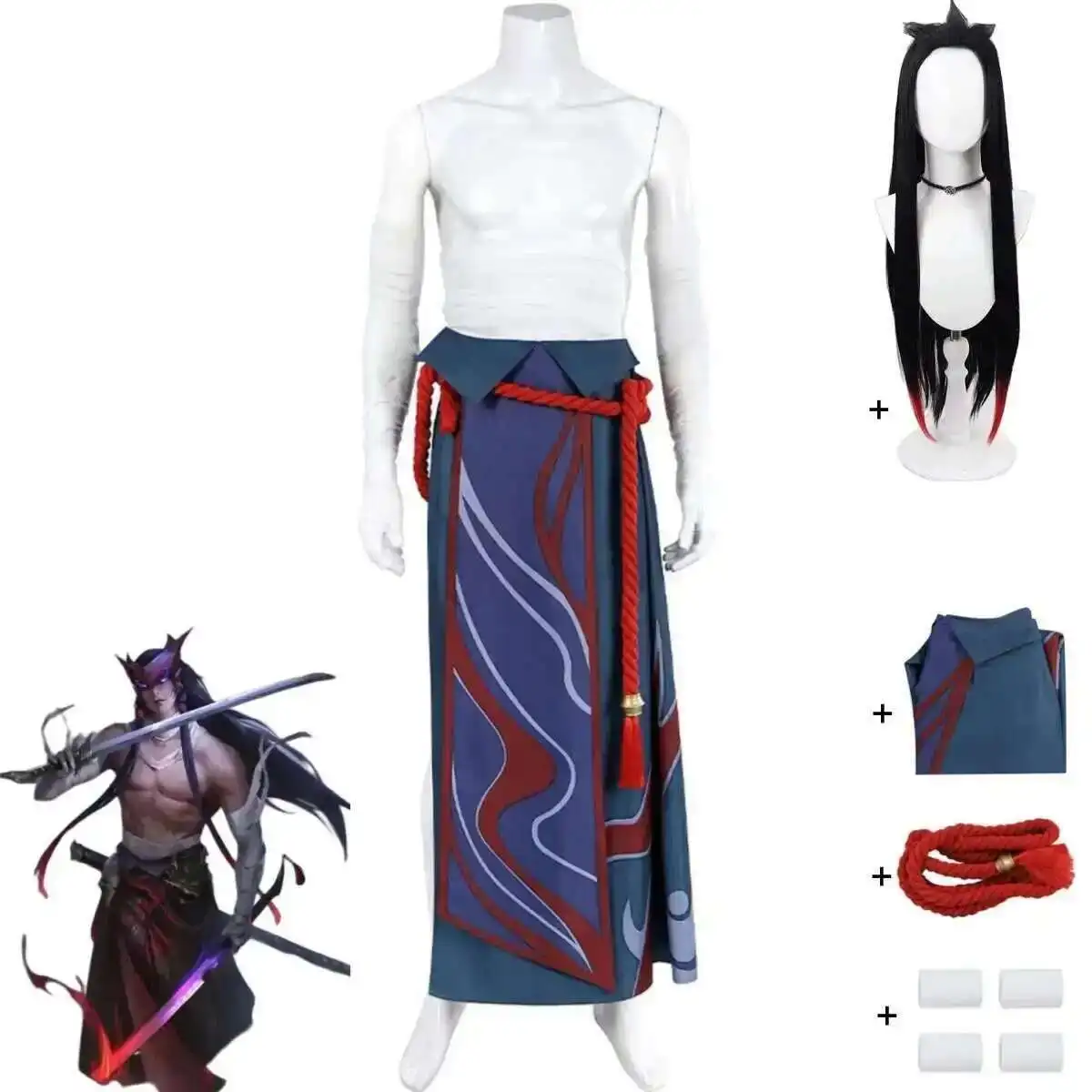 Game LOL Unforgotten Yone Cosplay Costume Wig Skirt Strap Straps Uniform Full Set Adult Man Woman Carnival Halloween Suit