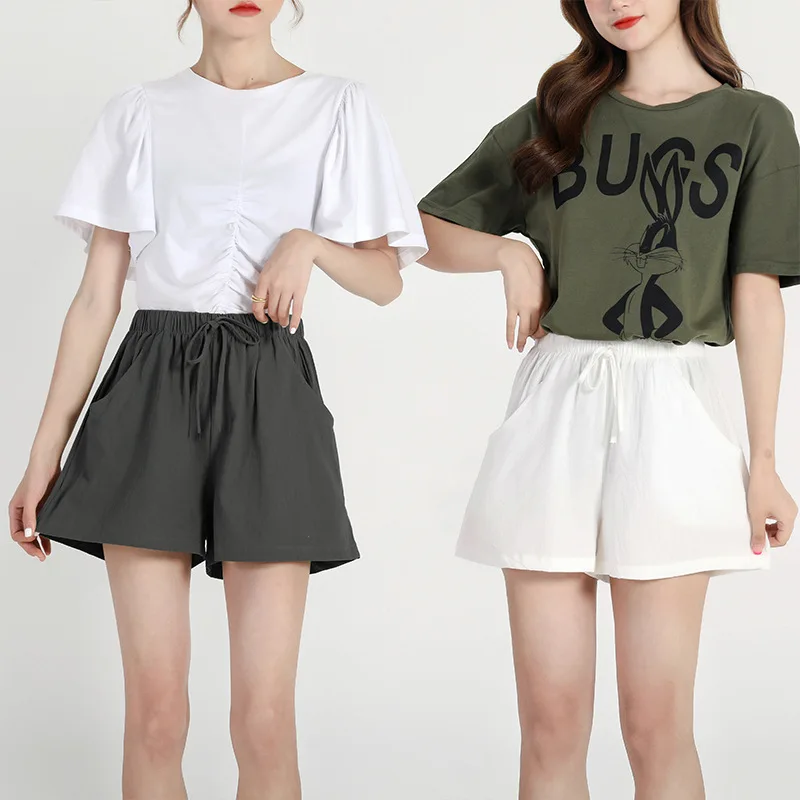 Plones Cortos de Mujer de Cintura Alta y Pierna Ancha de Aodón y Lino con Cordón, Estilo Nuevo de Verano, Capa Base, La...