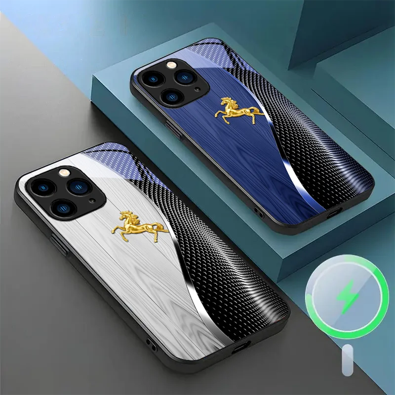 Для iPhone X XR 13 Mini 15 12 14 Pro XS MAX 8 Plus 16 e 11 Чехол для телефона из магнитного стекла с градиентной сеткой под дерево Золотая лошадь