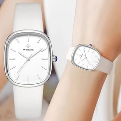 WWOOR New White Watch For Women Fashion Dress Ladies Quartz Wristwatch Waterproof Clock Simple Leather Women Watch Montre Femme