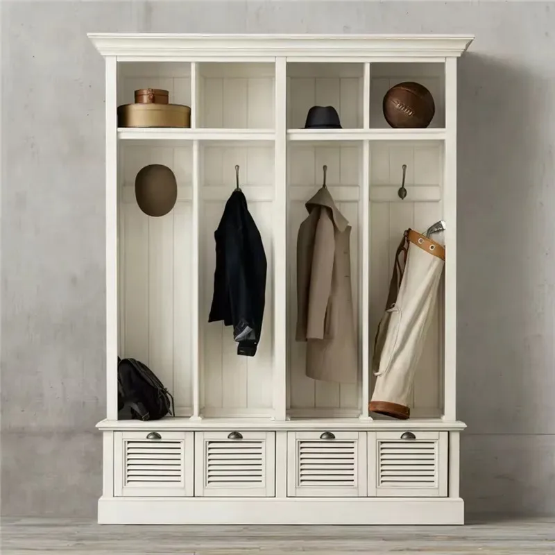 White wooden porch coat rack with 4 drawers and hooks
