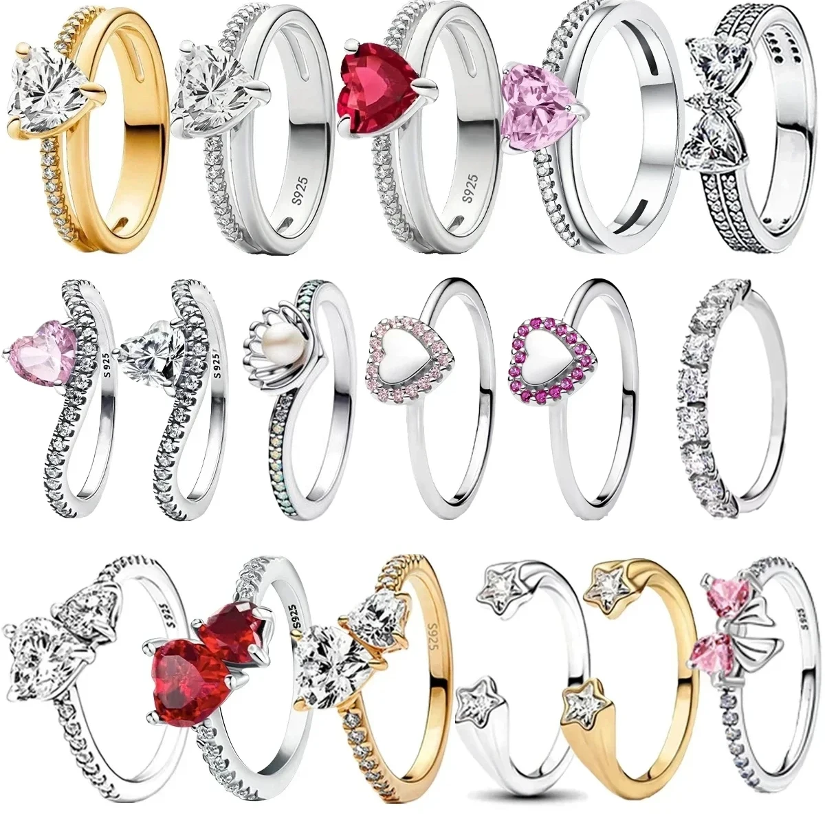 

Original 925 Sterling Silver Ring Colorful Heart Crown Bow Moon Shell Crystal For Women Valentine's Birthday Gift DIY Jewelry