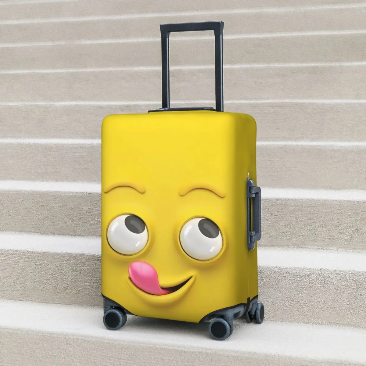 

Funny Cartoon Face Suitcase Cover Cute Expression Tongue Abstract Yellow. Holiday Cruise Trip Fun Luggage Case Protection