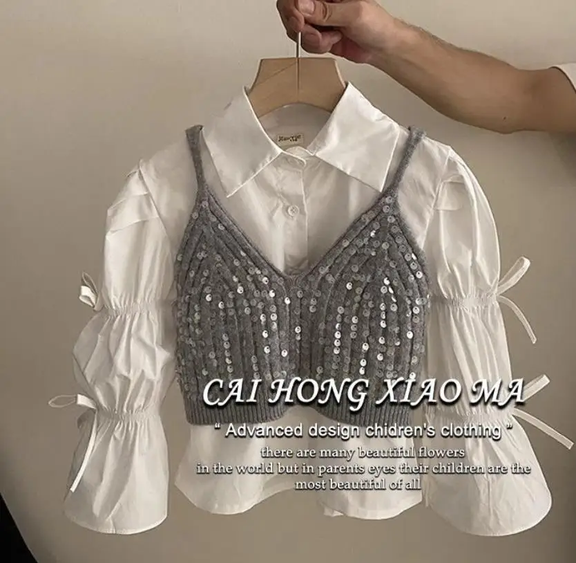سترة قميص مجموعة الربيع والخريف مزاجه الكورية الجديدة موضة بريق سترة قميص قطعتين مجموعة ملابس الاطفال الفتيات #2