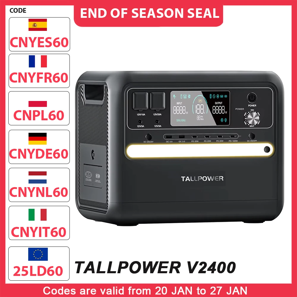 TALLPOWER V2400 Portable Power Station 2160Wh LiFePo4 Solar Generator 2400W AC Output Adjustable Input Power UPS Function