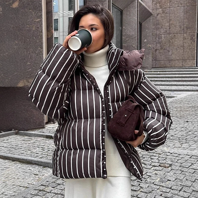 Damska kurtka z kapturem Tornova, ocieplana bawełną, w paski, jesień-zima 2025, do pracy, stójka, zapinana na zamek, ciepły płaszcz, moda damska.