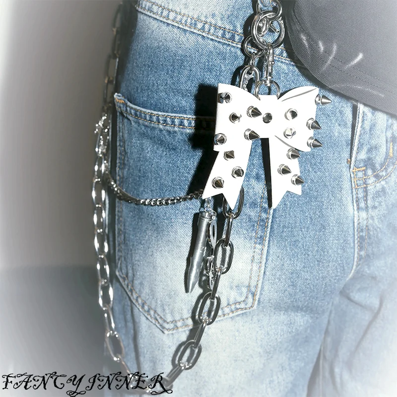2025 New Punk Necklace Long Metal Chain Bowknot Rivets Street Darkness Trousers Chain Neck Accessaries for Women Men Jewelry