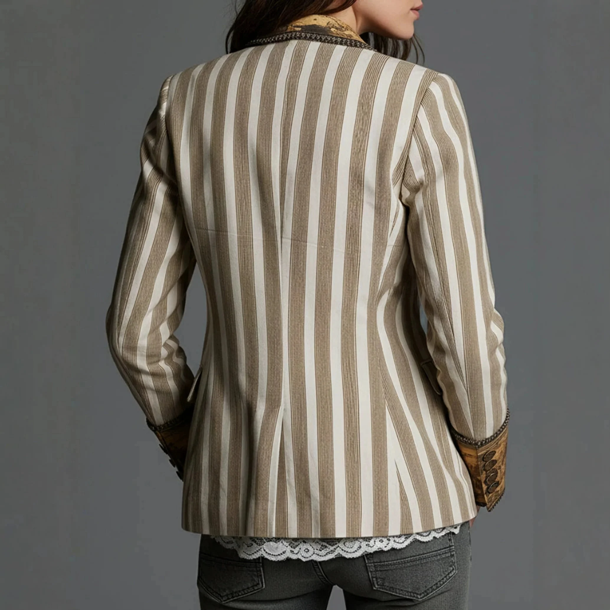 Ladies Striped Blazer Jacket Vintage Art Painting Print Contrast Lapel Long Sleeve Trim Slim Fit Suit Coat Office Casual Wear