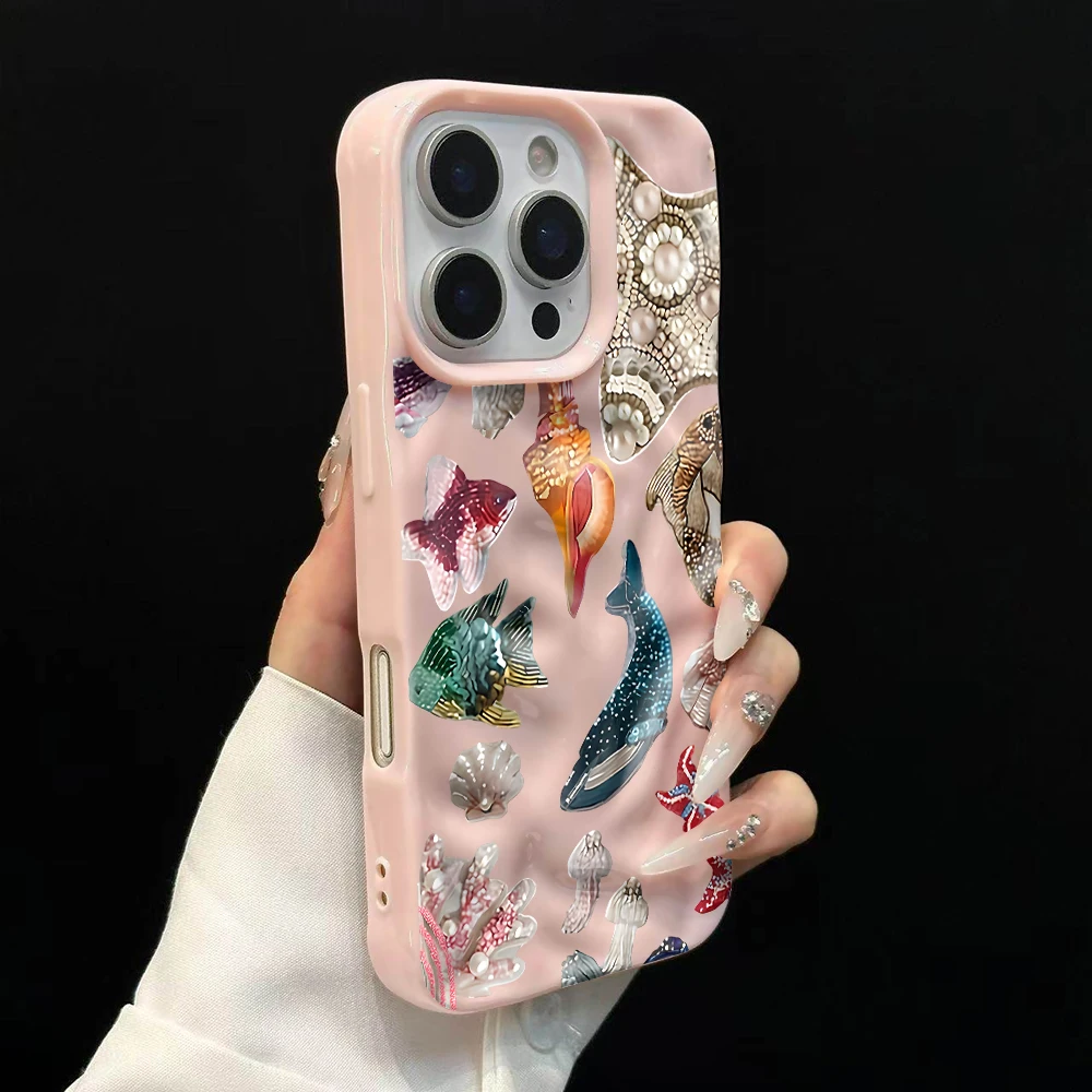 Luxuriöse Retro-Meerestier-Handyhülle für iPhone 17 16 15 14 13 12 11 Pro Max 14 Plus 17 Air Falten-Wellen-Soft-Silikon-Cover – Detail 9