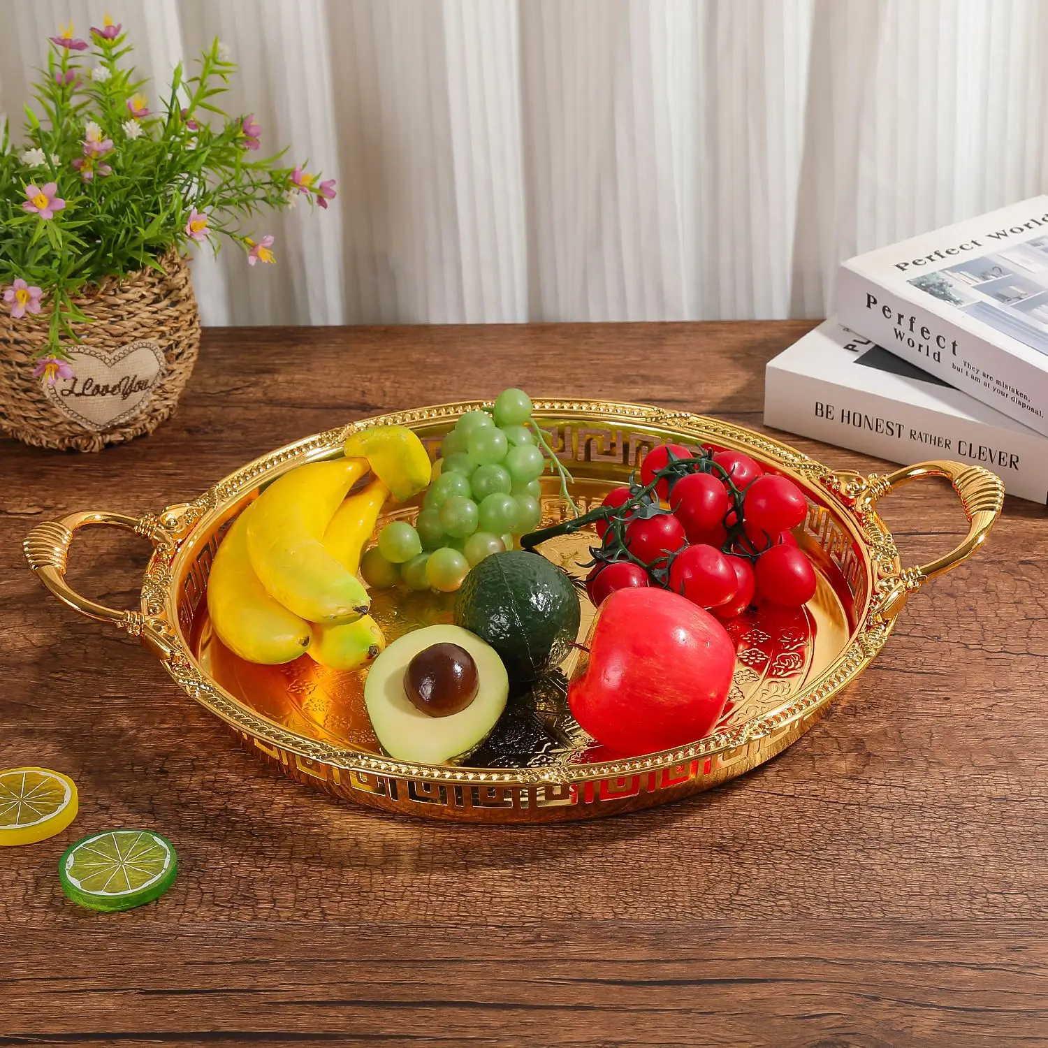 HYS afternoon tea snack plate round fruit dessert plate light luxury retro gold-plated binaural