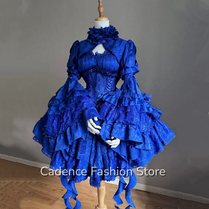 

Customized Victorian Royal Blue Ball Gown High Collar Lace Waist Cinching Lolita-Style Graduation Ball Evening Dresses prom dres