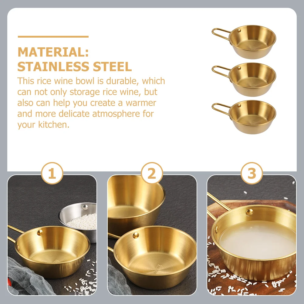 

3Pcs Golden Rice Wine Bowls Stainless Steel Korean Traditional Kitchenware for Home Restaurant Party Korean Ramen Pot