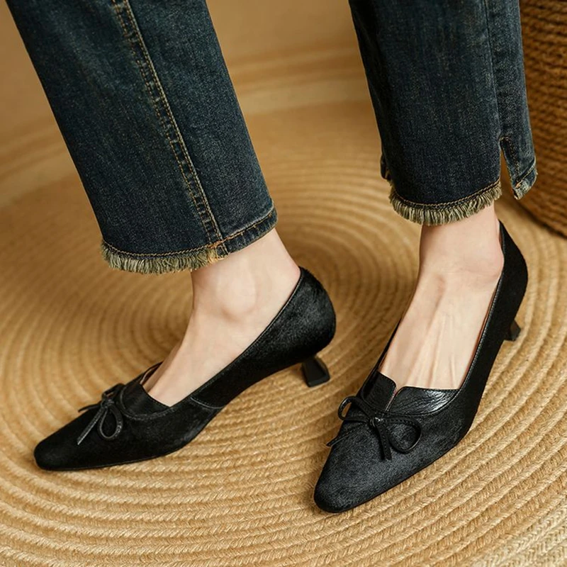 NEW Spring/Autumn Women Pumps Horsehair Shoes for Women Square Toe Kitten Heel Shoes Slip-on Shallow Bow-knot Handmade Shoes