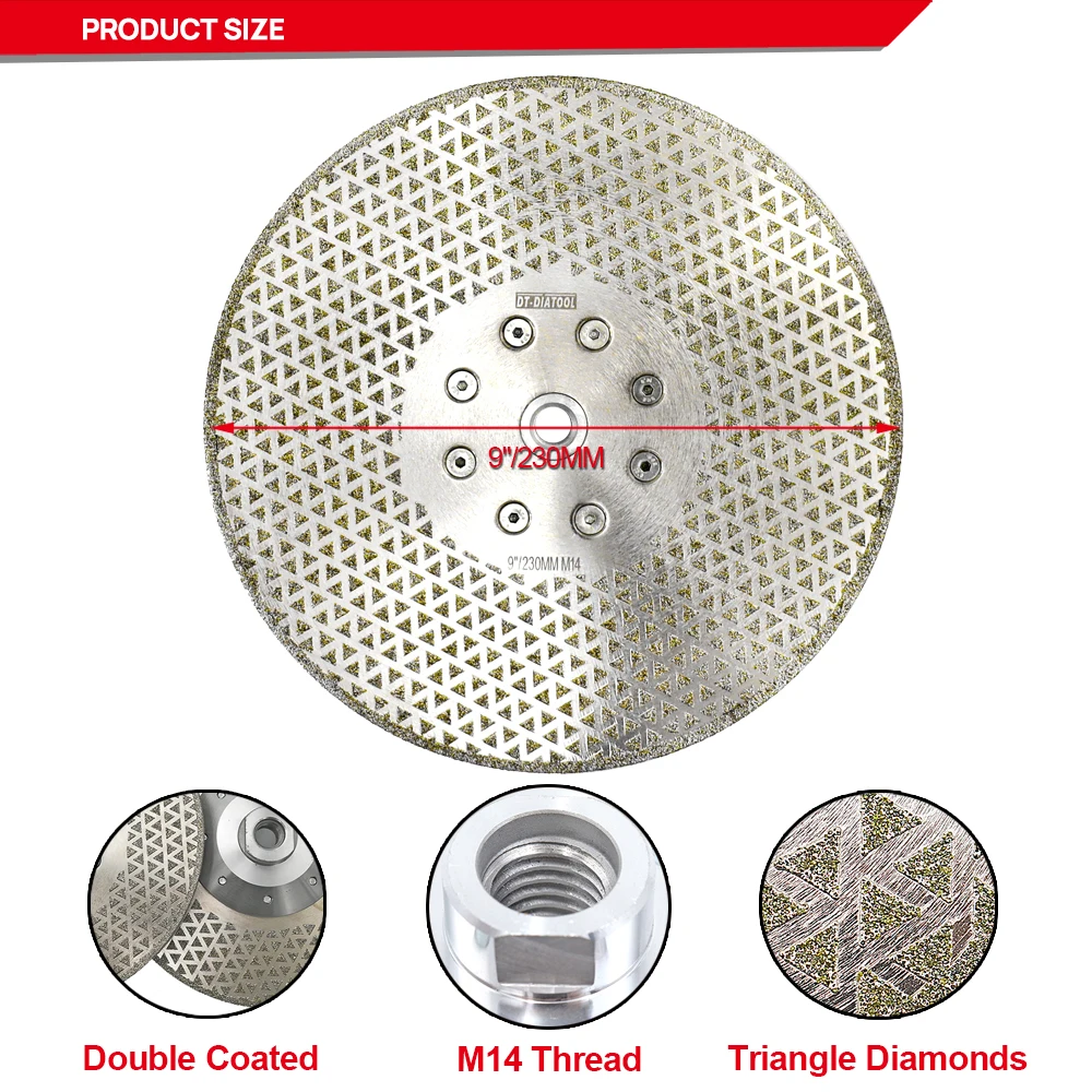 DT-DIATOOL  9inch /230mm Electroplated Diamond Cutting Grinding Disc Double Grinding Sides M14 Thread Granite Marble Saw Blade