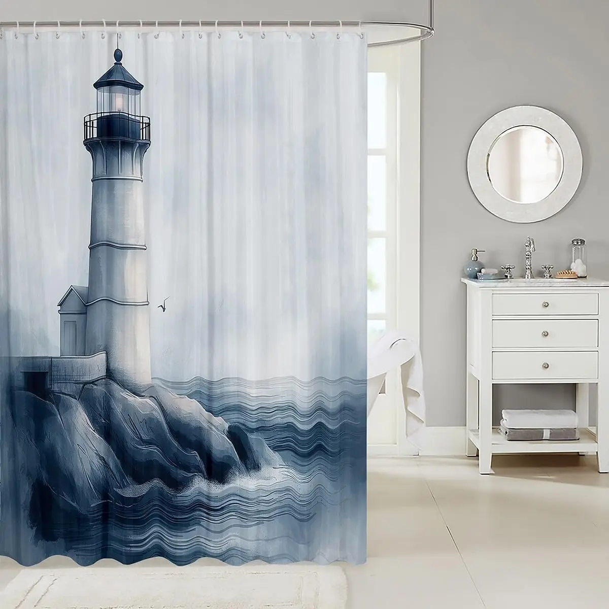 Coastal Lighthouse Shower Curtain Nautical Art Ocean View Bathroom Decor Waterproof Shower for Modern Master Bath 72x72 Inches