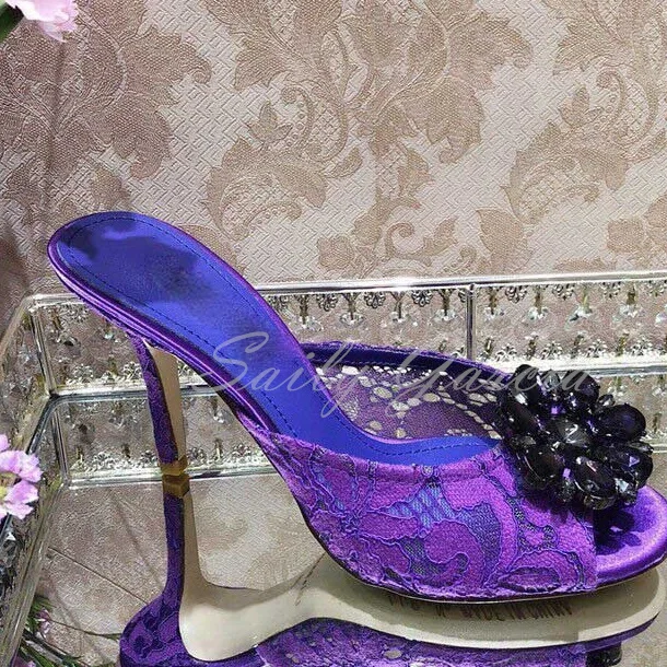 

Summer Purple Lace Floral Rhinestone Slipper Women Peep Toe 6cm 9cm Thin High Heel Crystal Thin High Heel Bride Wedding Shoes