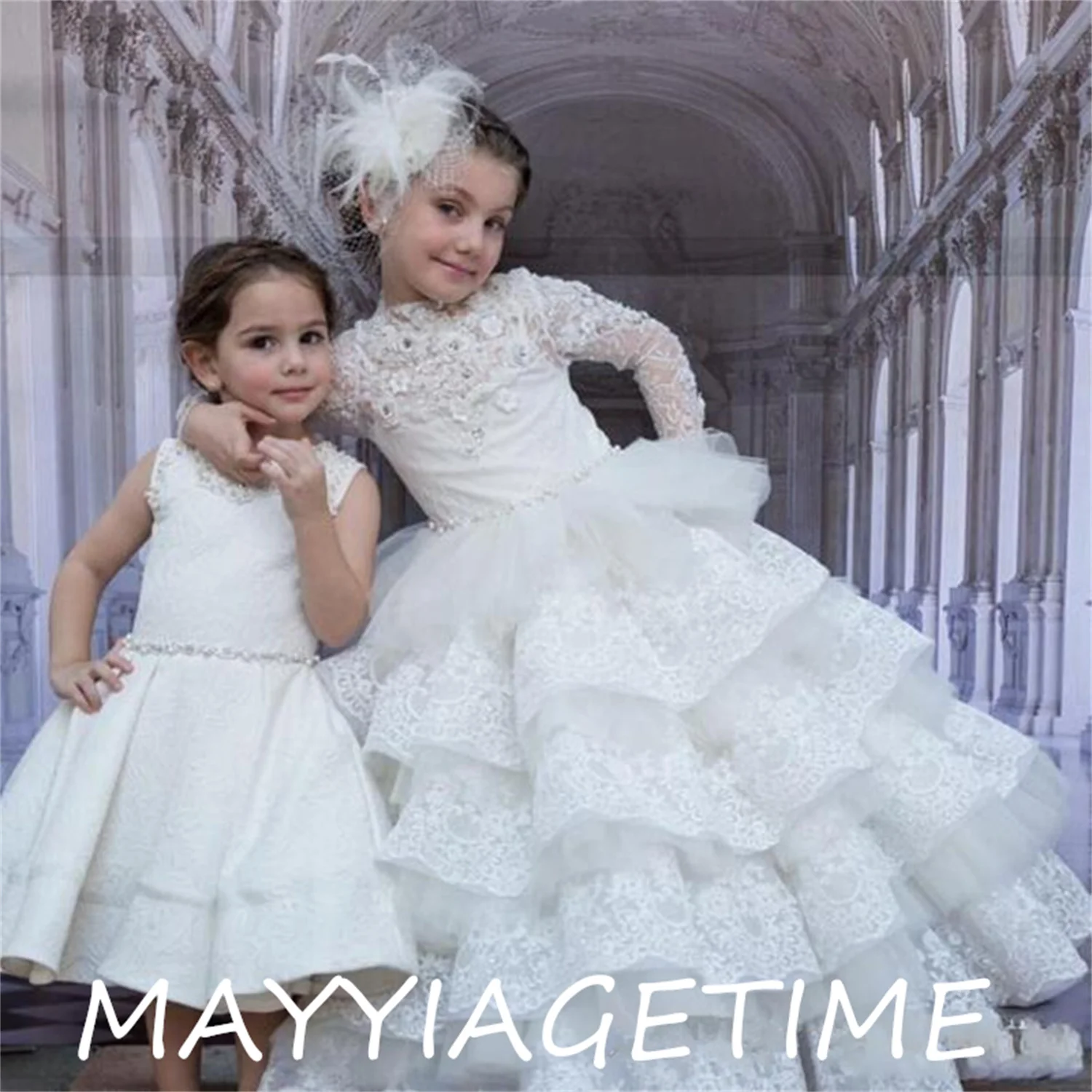 

Luxurious Lace Crystals Tiers Flower Girl Dresses for Wedding Vintage Child Pageant Ball Gown Beautiful Birthday Wears