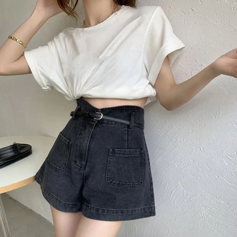 Women Denim Shorts Stylish High Waist Denim Cargo Shorts for Women Stretchy Wide Leg Summer Shorts with Pockets Trendy Fashion