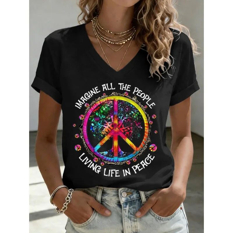 ilstile Women's Living Life In Peace Print T-Shirts Summer Short Sleeve Casual Loose V Neck Tops Tee White Black NEW
