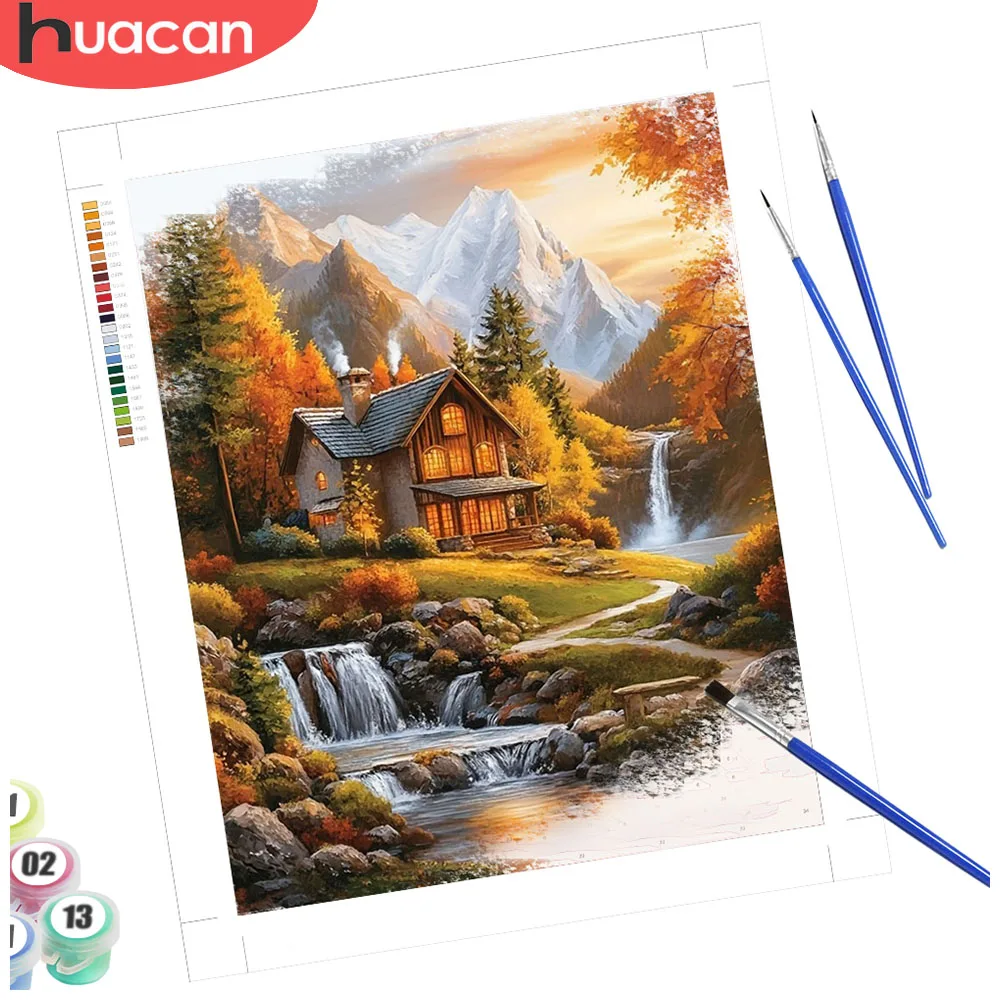 

HUACAN Раскраска по номерам Пейзаж дома Осенние фотографии по номерам Набор горных водопадов для творчества «сделай сам»