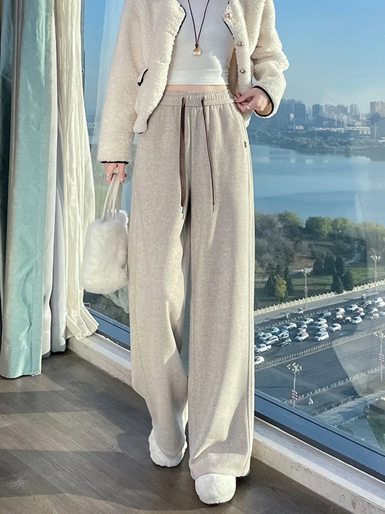 بنطلون نسائي شتوي دافئ ومريح بخصر عالٍ وساق واسعة مستقيمة مع بطانة داخلية، سروال كاجوال فضفاض