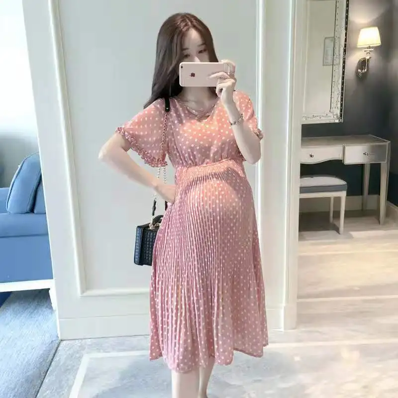 Summer Polka-dot Short-sleeved Maternity Dress Mid-length Maternity Dress Loose Maternity Dress Maternity Maxi Dress