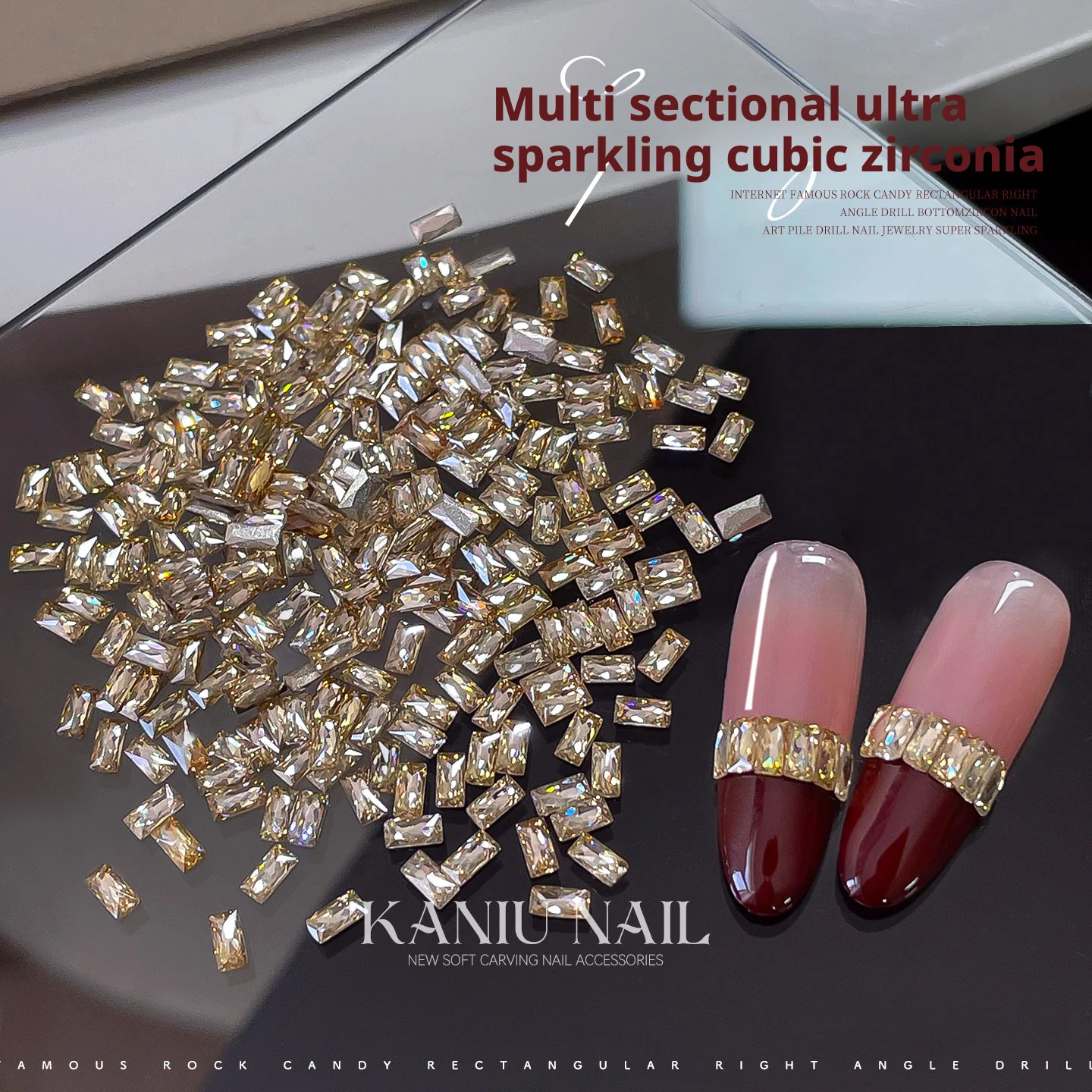 KANIU Champagne rechthoekige nagel zirkoon wit transparant 5A nagelkristal diamant Frans gestreept nagelaccessoire