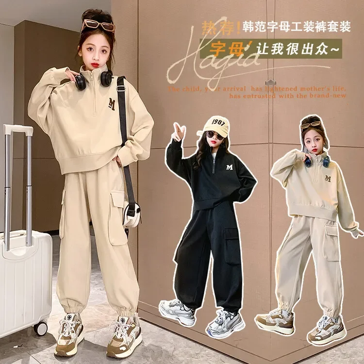 

Children's Suit Long-sleeved Turtleneck Sweater+overalls 2 Sets Spring and Autumn Wear Casual Simple Sports Style Sets