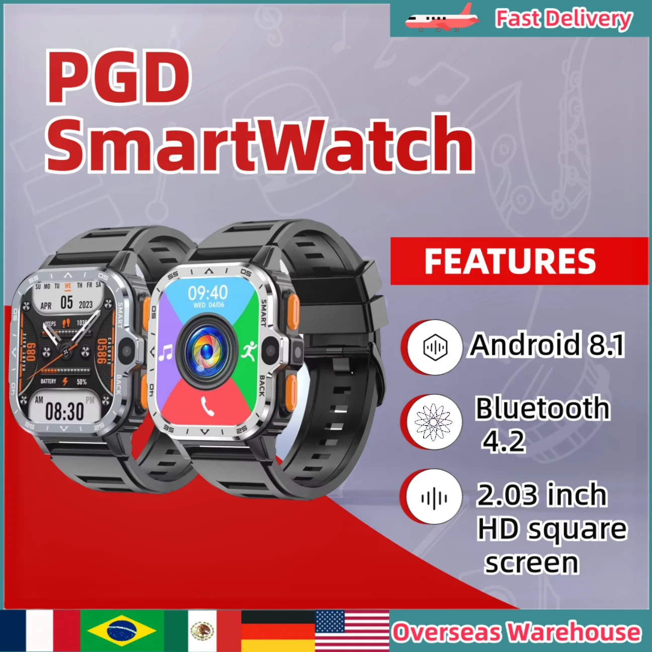 Pgd smartwatch android relógio inteligente wifi nfc câmera dupla áspero 16/64g rom armazenamento freqüência cardíaca 4g lte gps cartão sim presentes masculinos