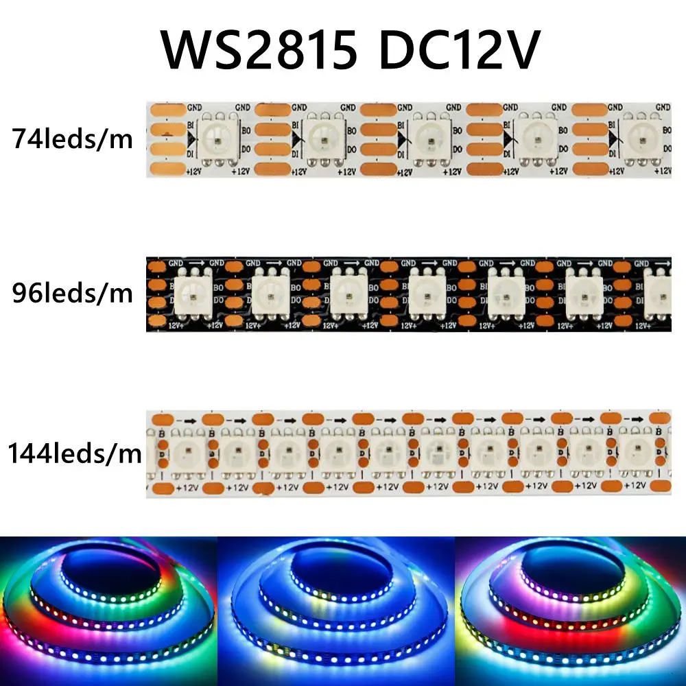 WS2815 5050 RGBIC Smart LED Strip (WS2812B WS2813 Updated) Individually Addressable IC 74/96/144 Pixels/Leds/m Light, 1-5m DC12V