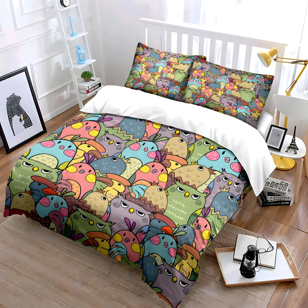 Colorful cartoon bird illustration Print Bedding Set 1 Duvet Cover 2 Pillowcases for Adult and Children Luxury Gift Full Size