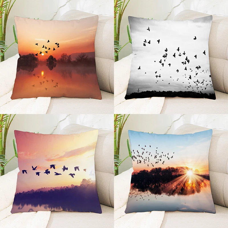 

Sunrise Sunset Flying Bird Lake Beach Scenery Pillowcase Sofa Office Seat Cushion Cover Creative Ornament Home Decoration