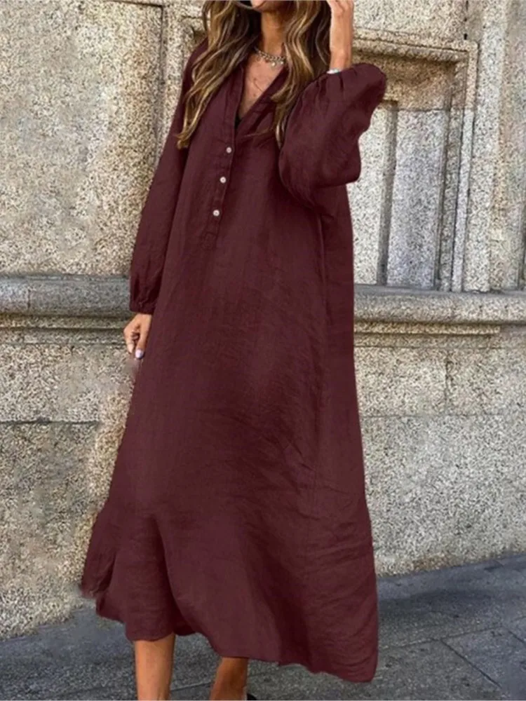 Women's Autumn New Cotton Linen Solid Color Long Sleeved Sexy V-neck Fashionable Button Long Casual Loose Comfortable Dress