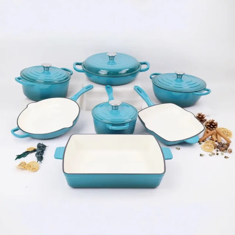 7-teiliges Emaille-Gusseisen-Kochgeschirr-Set Multifunktionale Kochtöpfe Bratpfanne Meeresfrüchtepfanne Backform Küchen-Topf-Set 2