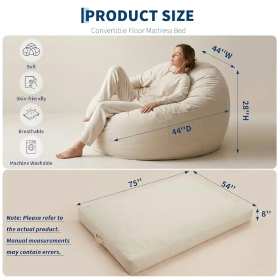 Adult bean bag chair for living room, high-rebound memory foam filler, gray flannel cover, oversized 4-in-1 couch bed with remo