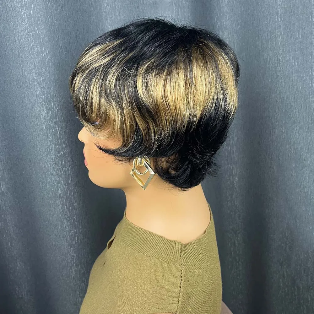 여성용 하이라이트 픽시컷 인모 가발, 짧은 레이어드 픽시컷 웨이브 머신메이드 레미 인모 가발 (앞머리 포함)