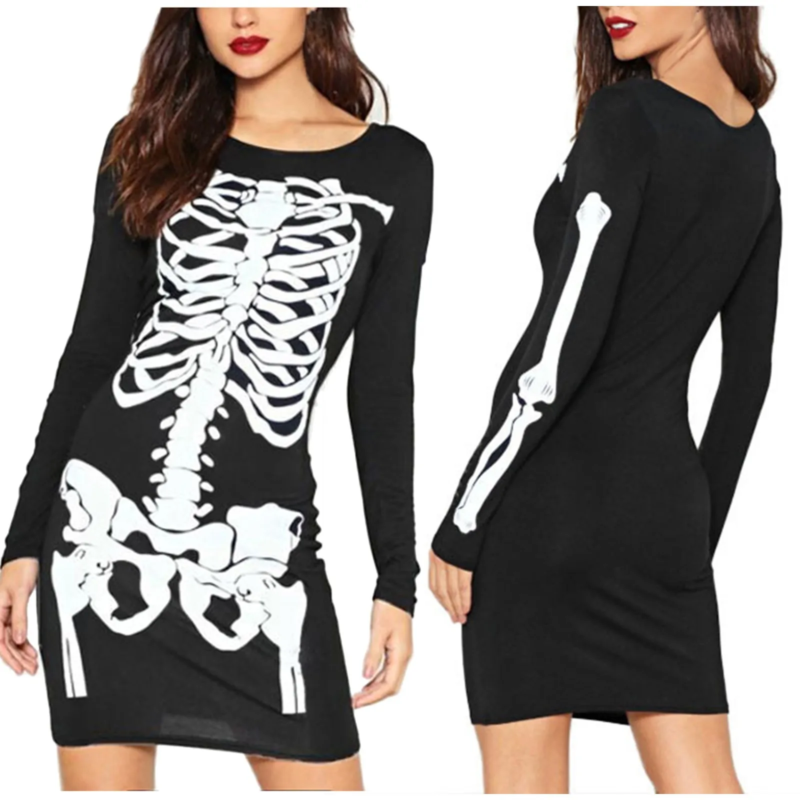 

Punk Goth Y2K Harajuku Skull Print Women Dress Long Sleeve Streetwear Autumn Casual Clubwear Evening Party Female Mini Dresses