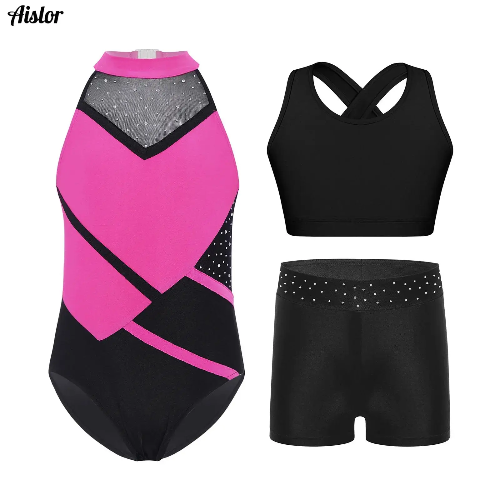 

Kids Girls 3-Piece Gymnastics Leotard Dance Performance Outfit Strappy Back Color Block Glittery Rhinestones Leotard+Vest+Shorts