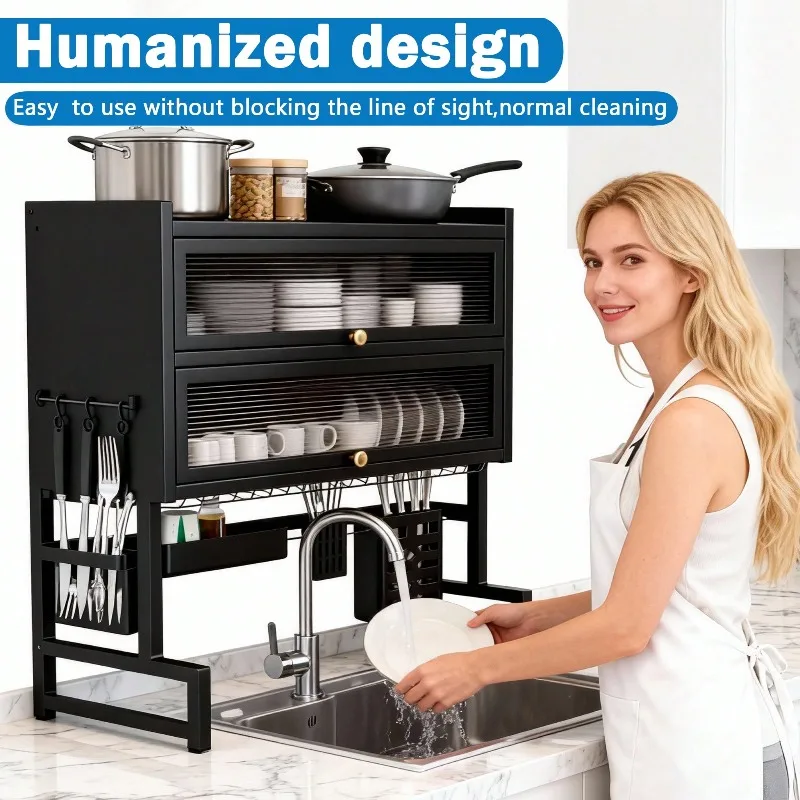 Over The Sink Dish Drying Rack,4 Tier Adjustable Length Full Stainless Steel Large Storage Kitchen Dish Rack,For Kitchen Counter Expandable Multifunctional Organizers