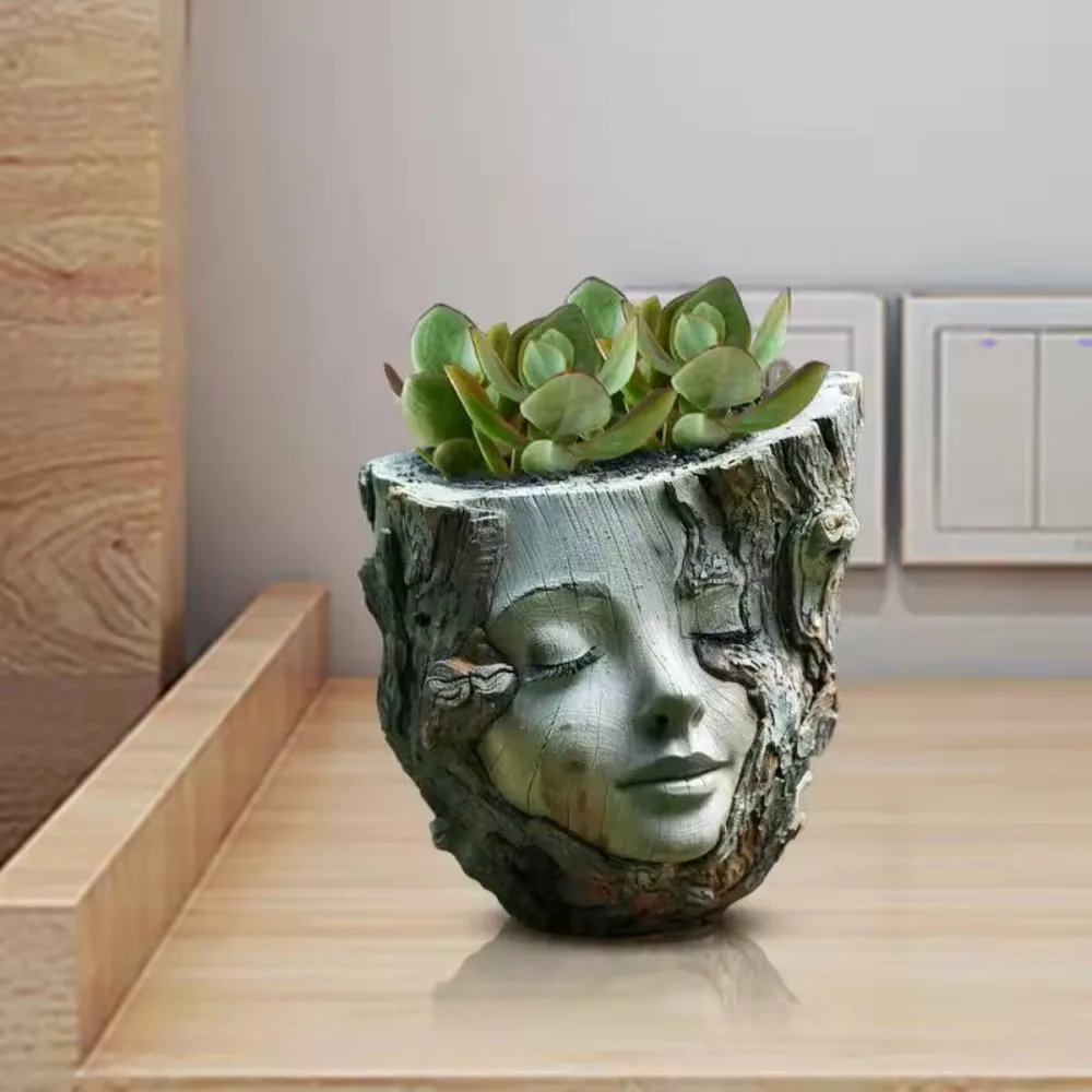

Durable Funny Girl Face Flowerpot Handmade Resin Crafts Tree Stump Girl Pot Waterproof Figure Planter Home Office Decors