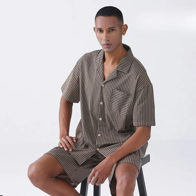 Pajamas Men's Summer Short-sleeved Cardigan Pure Cotton Striped Can Be Worn Outside Loungewear Suit Temperament Fashionable