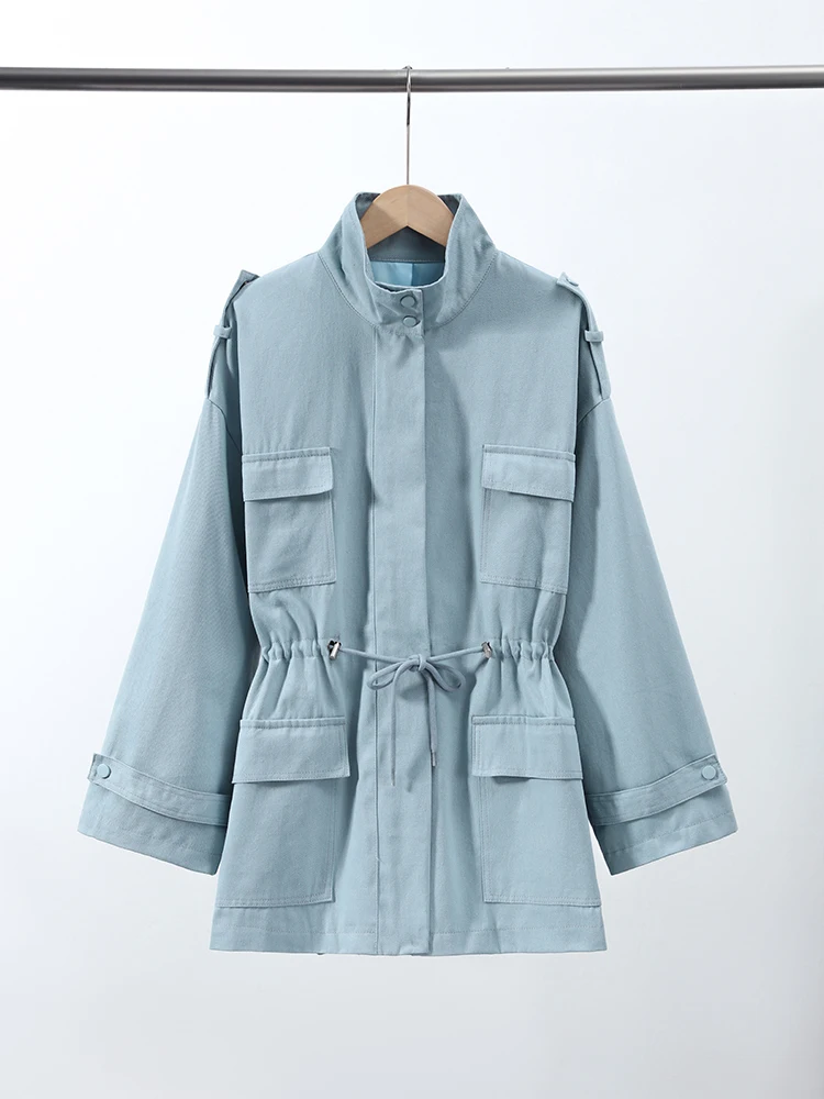 

Retro Stand Collar Short Jacket Women Blue Full Sleeve Waist Cinching Lace Up Zipper Jackets 2026 Spring Lady Street Outerwear