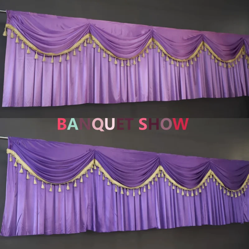 

Purple Color Ice Silk Swag Drapery With Gold Tassle For Table Cloth Skirt Banquet Wedding Backdrop Decoration