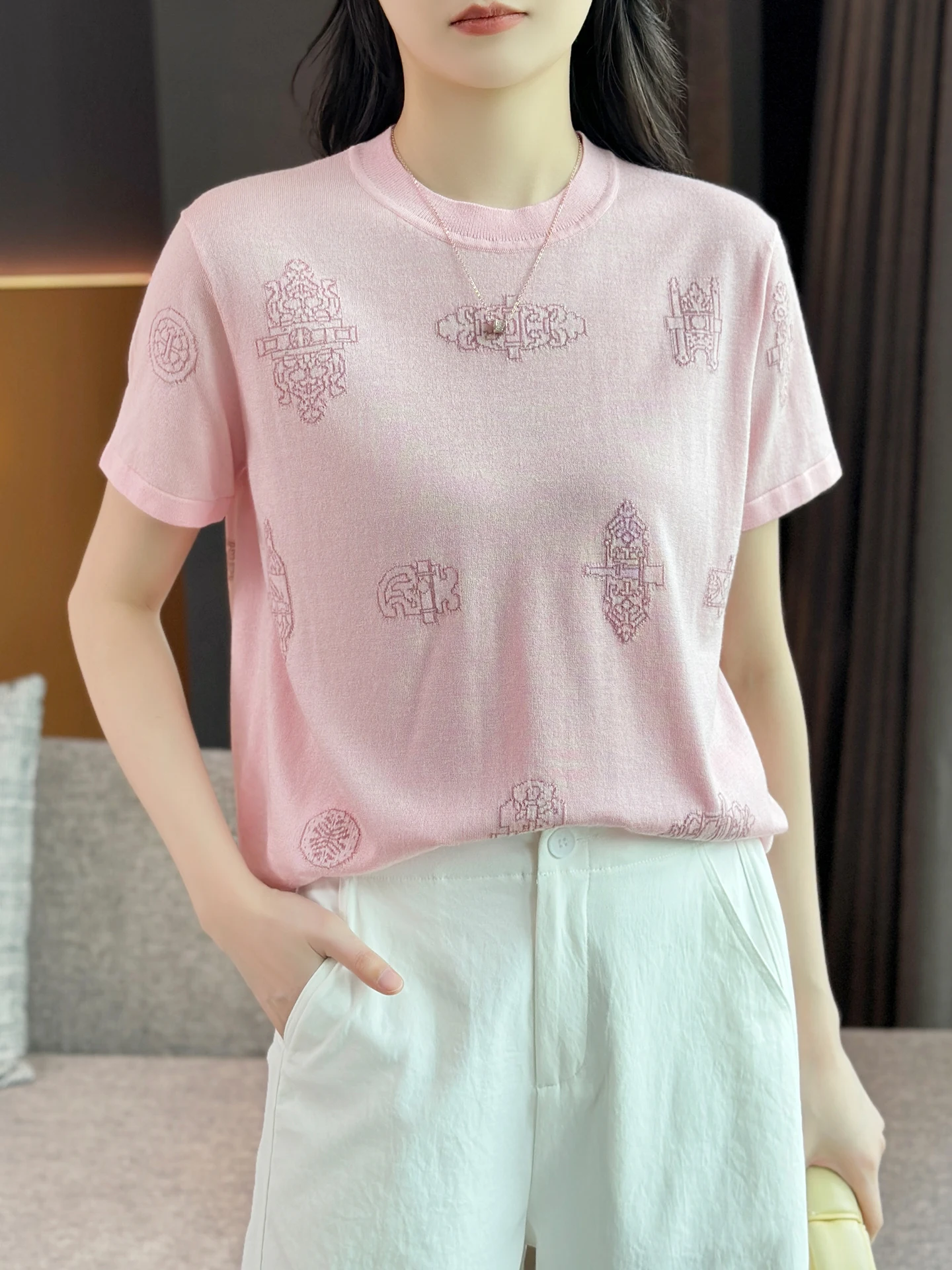 

Женский топ Zuozhujia: роскошная вязаная футболка из шерсти и кашемира с круглым вырезом, коротким рукавом, вышивкой и цветовыми блоками, свободный крой, повседневный стиль