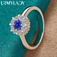 URMYLADY 925 Sterling Silver Flower Blue Zircon 7-10# Ring For Women Wedding Engagement Party Fashion Jewelry
