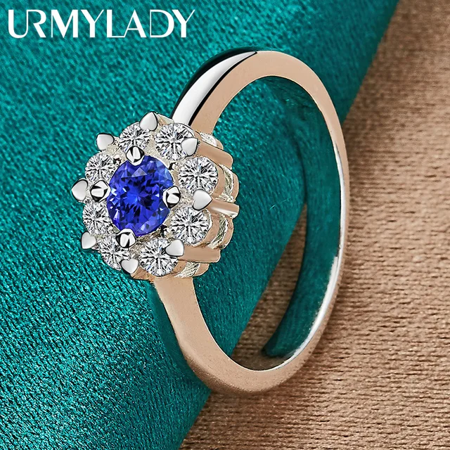 URMYLADY 925 Sterling Silver Flower Blue Zircon 7-10 #   Pierścionek dla kobiet Biżuteria ślubna zaręczynowa