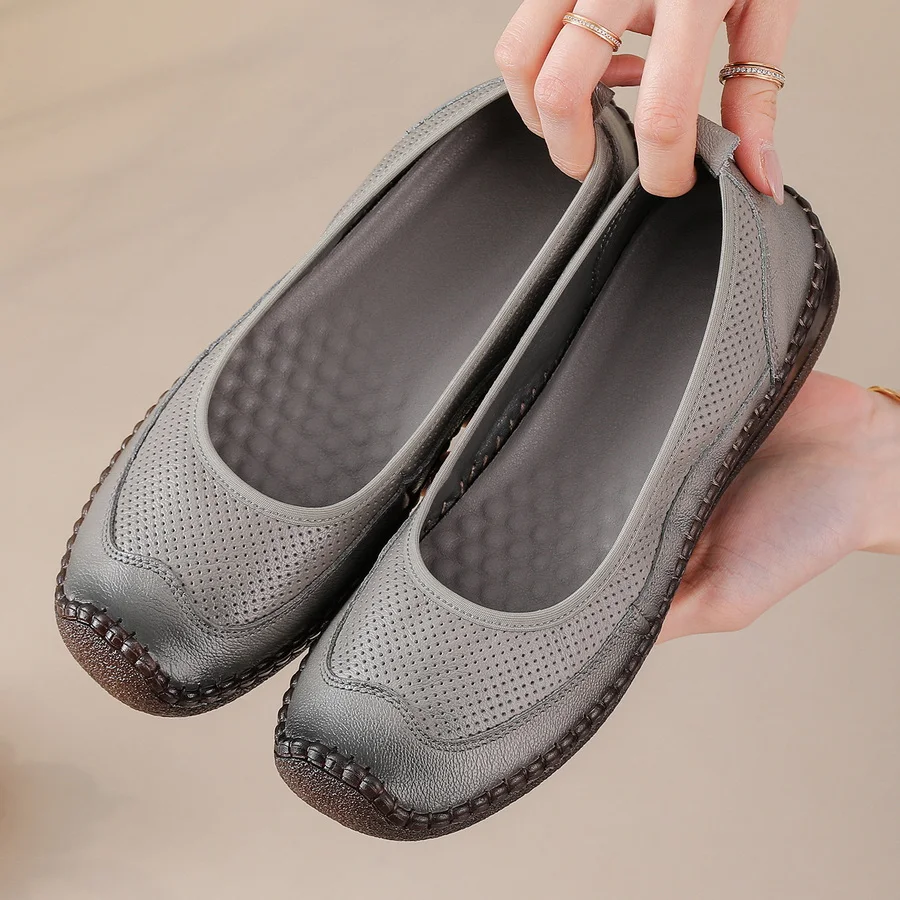 

New Real Leather Perforated Ballet Flats Women's Massage Insole Slip On Moccasins Woman Hollow Loafer Casual Daily Shopping Shoe